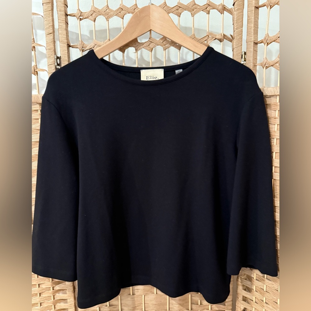 Elie Tahari | Black Scuba Knit Top | Elbow Sleeve | Soft Stretch | Medium